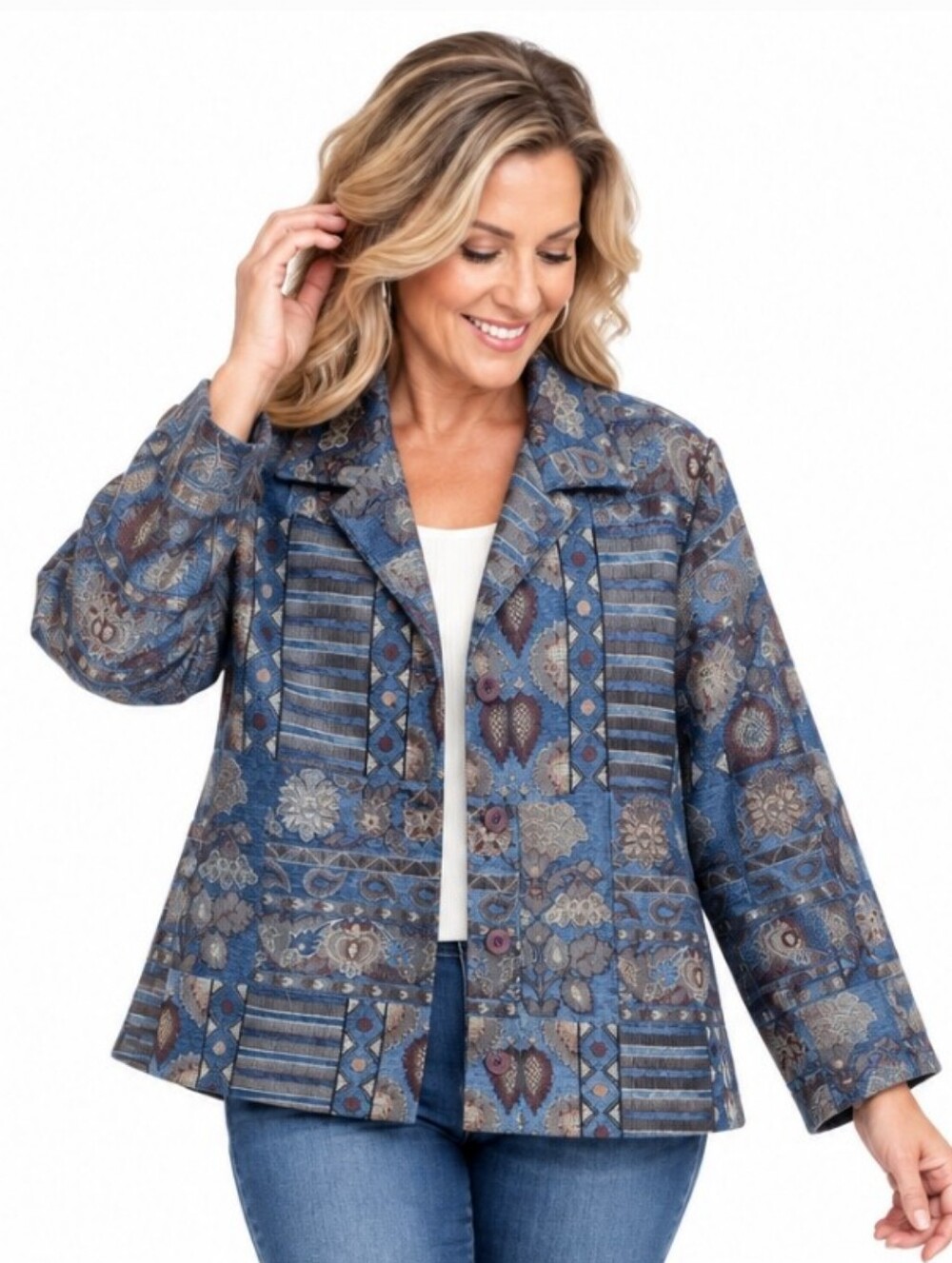 Sag Harbor Size 14 Blue Tapestry Jacquard Button Front Jacket Blazer Boho